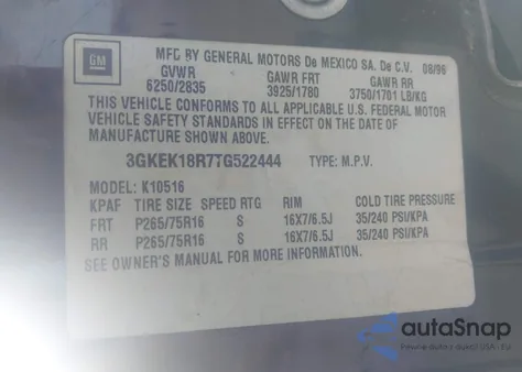 1996 GMC Yukon из США, поврежденный, VIN 3GKEK18R7TG522444